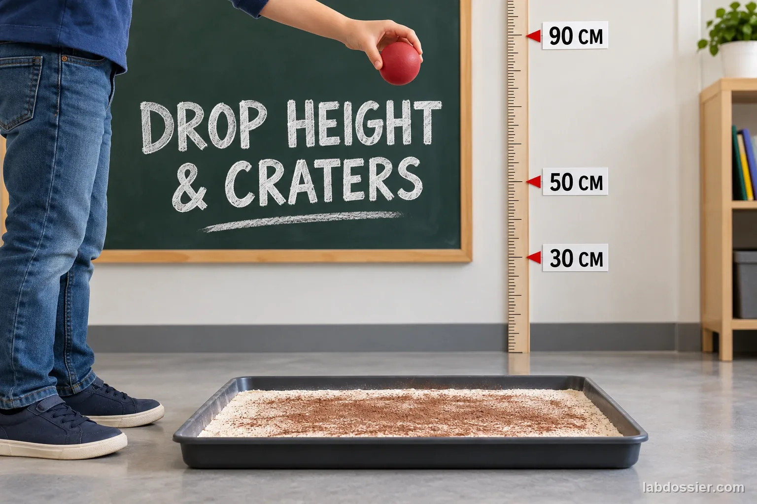 A classroom crater-model tray with one smooth ball held beside a metric ruler marked 30 cm, 50 cm and 90 cm; the title reads DROP HEIGHT & CRATERS.