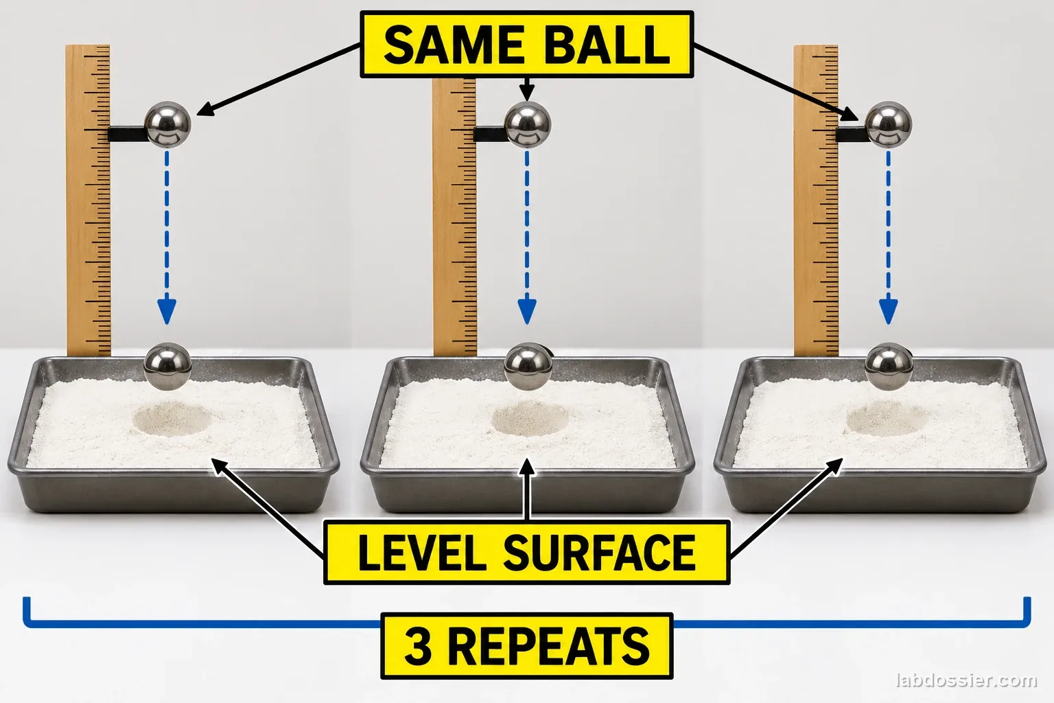 A safe classroom impact-crater setup labels SAME BALL, LEVEL SURFACE and 3 REPEATS beside three matched powder trays.
