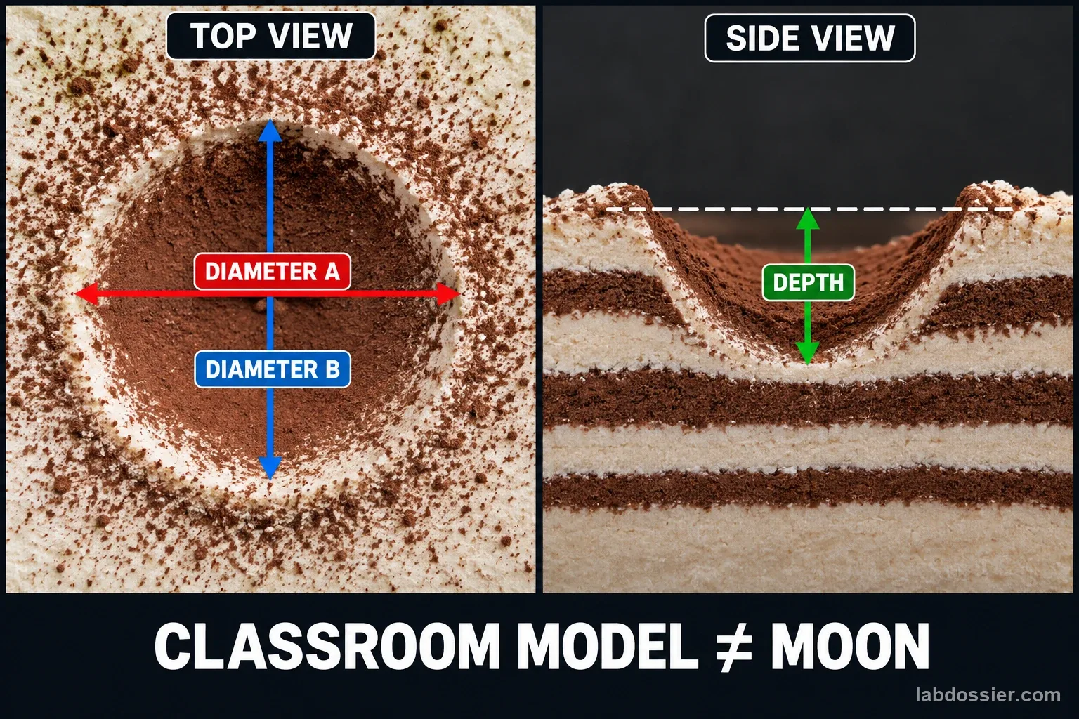 Top and side views of a shallow classroom crater label two perpendicular rim measurements DIAMETER A and DIAMETER B, a vertical DEPTH, and the limit CLASSROOM MODEL ≠ MOON.