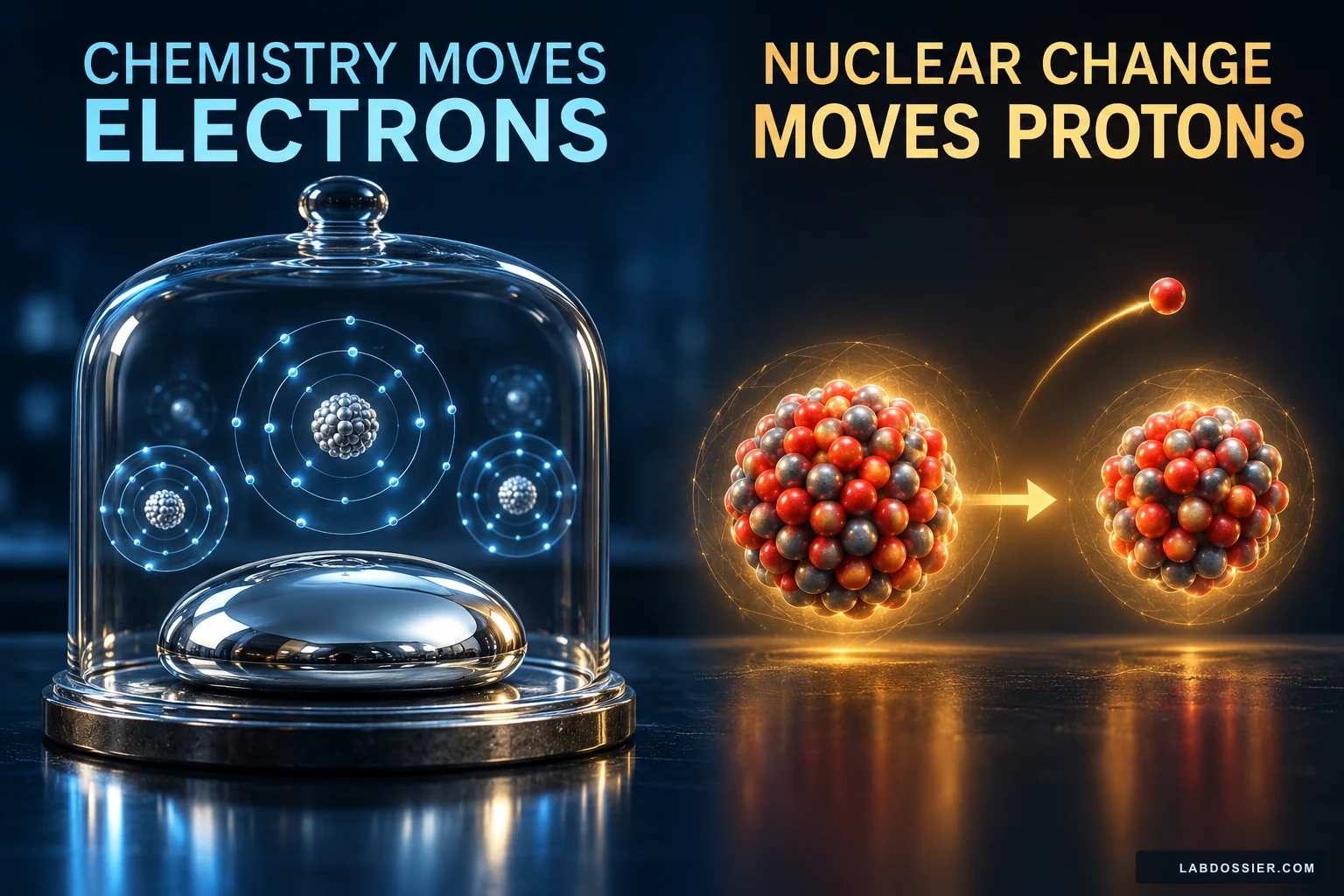 Scientific illustration contrasts chemistry moving electrons with nuclear changes involving protons; the nucleus diagram is conceptual.