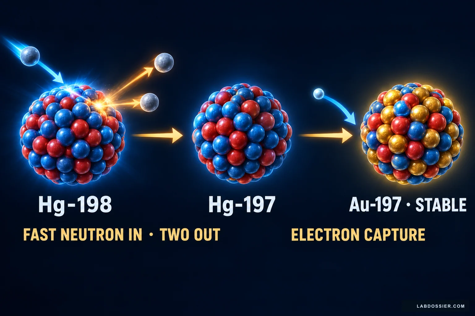 Illustrated fast-neutron mercury-198 (n,2n) pathway to mercury-197 and electron capture to stable gold-197.