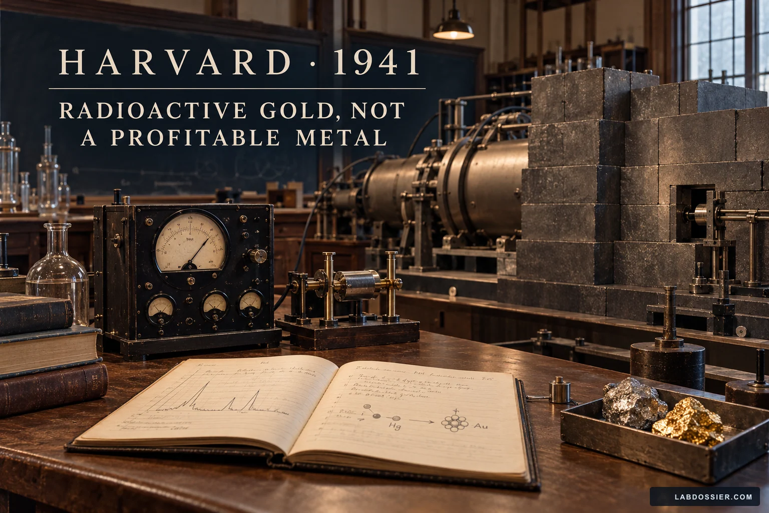 Museum-style view of a 1941 physics laboratory and archival notebook, with the label Harvard 1941 and radioactive gold, not a profitable metal.