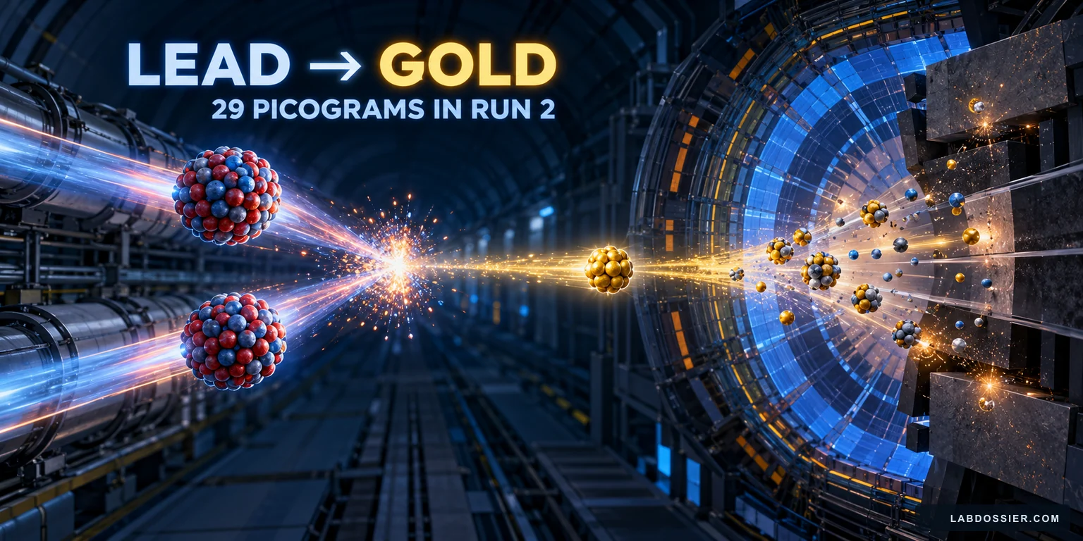 Editorial illustration of lead nuclei passing through a collider detector, captioned lead to gold and 29 picograms in Run 2.