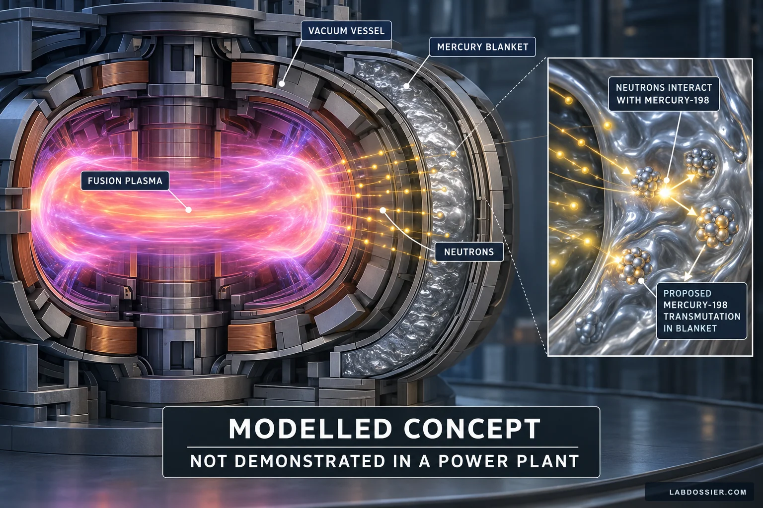 Conceptual tokamak cutaway showing a proposed mercury blanket around fusion plasma and the warning that it is not demonstrated in a power plant.
