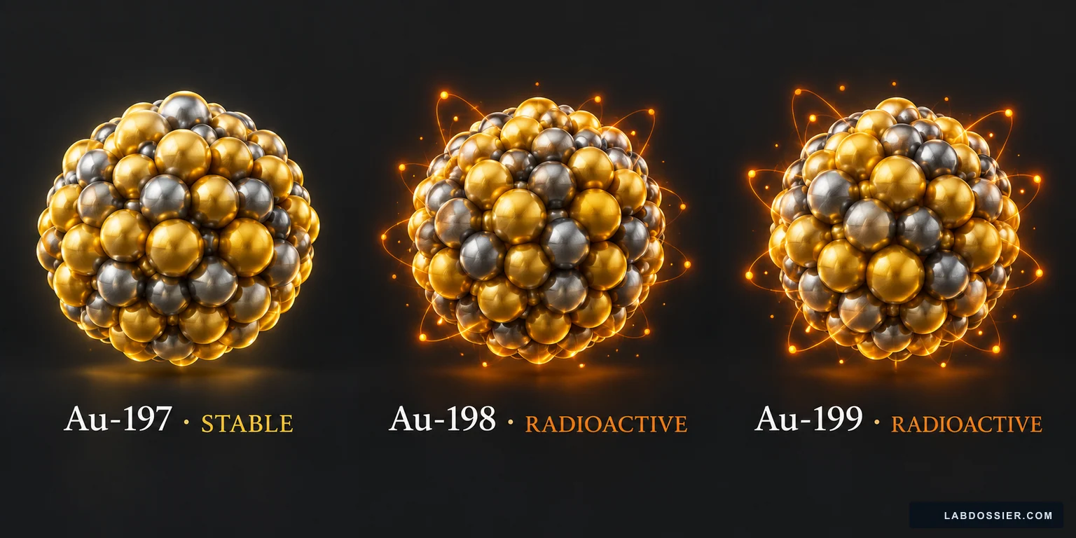 Three labeled gold isotope nuclei: stable gold-197 and radioactive gold-198 and gold-199.