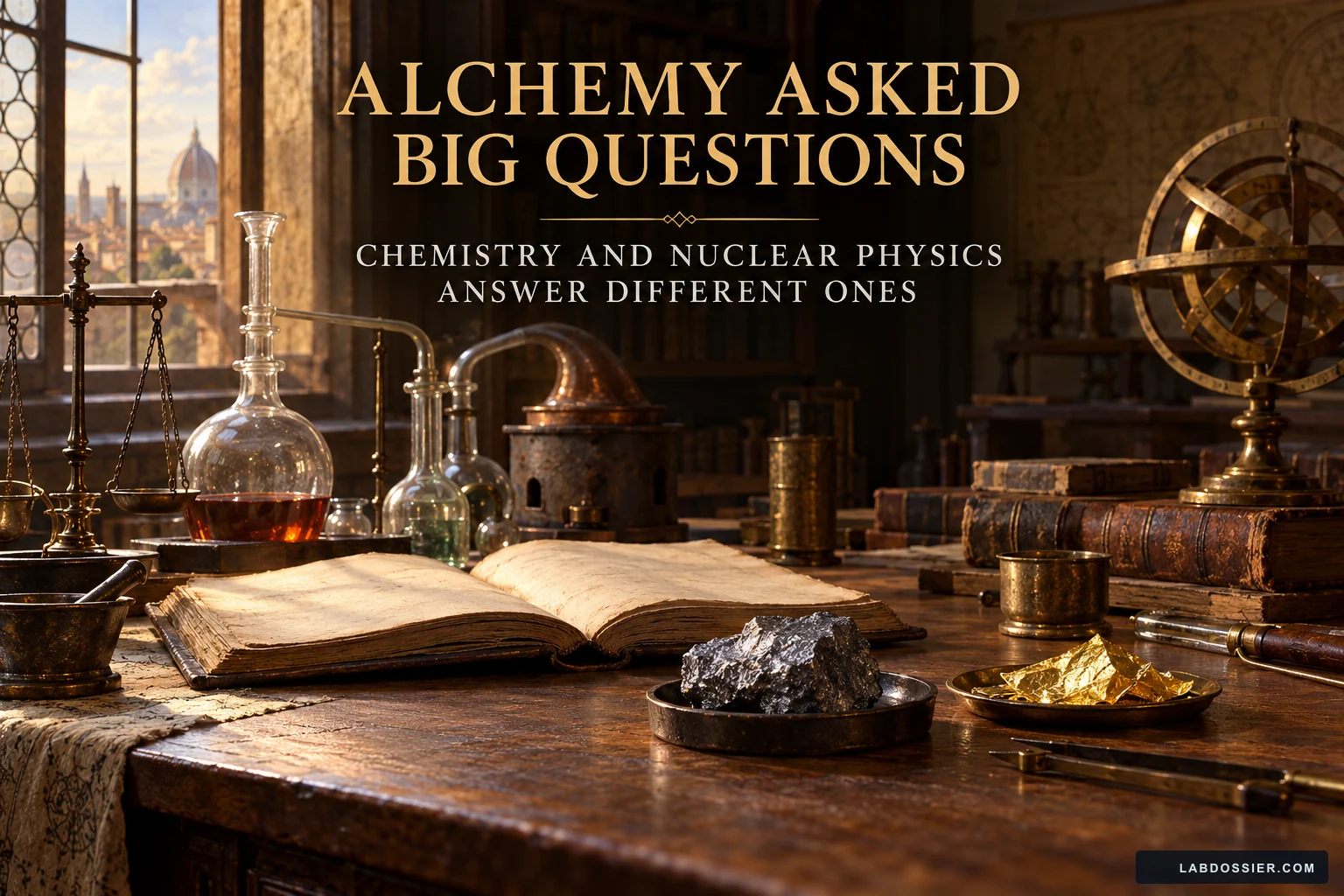 Historical alchemy study with separate dark metal and gold samples, labeled that chemistry and nuclear physics answer different questions.