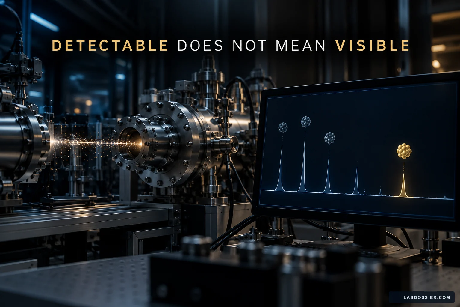 An accelerator laboratory instrument displays a conceptual signal peak beside the text detectable does not mean visible.