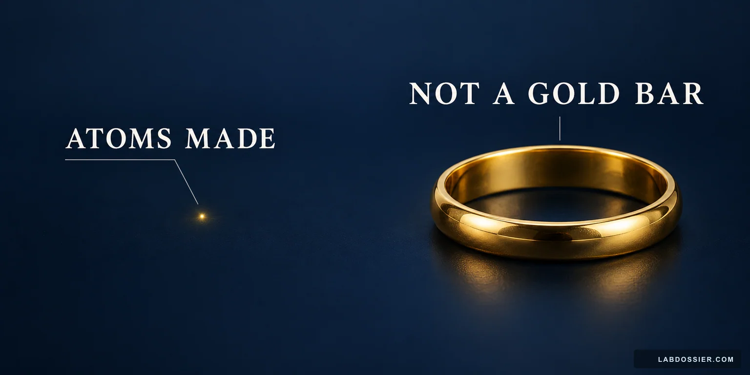 A tiny luminous atom is compared with a gold ring under the headings atoms made and not a gold bar.