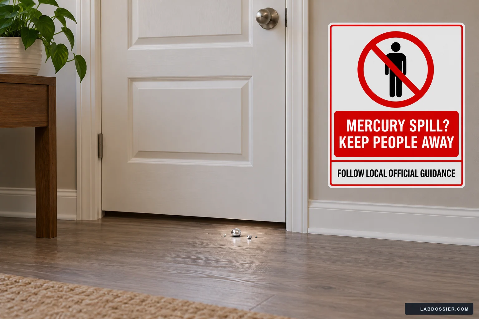 A mercury-spill warning sign by a closed doorway says keep people away and follow local official guidance.