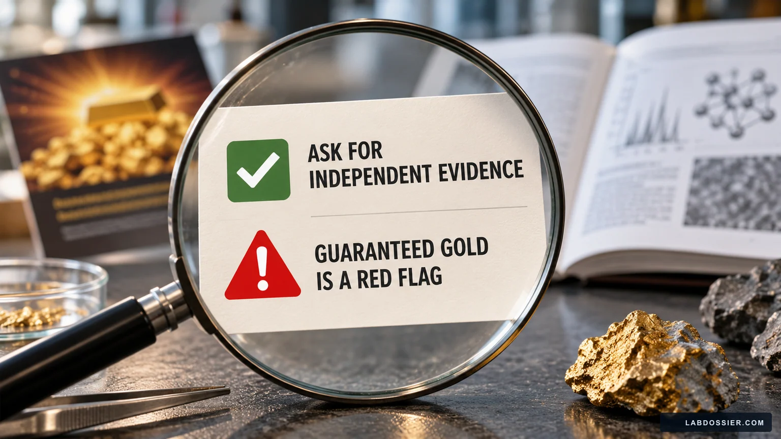 A magnifying glass highlights a request for independent evidence and warns that guaranteed gold is a red flag.
