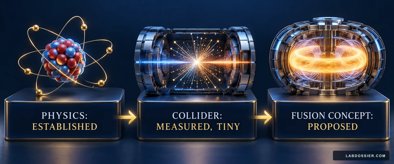 Evidence ladder: nuclear physics established, collider production measured but tiny, fusion concept proposed.