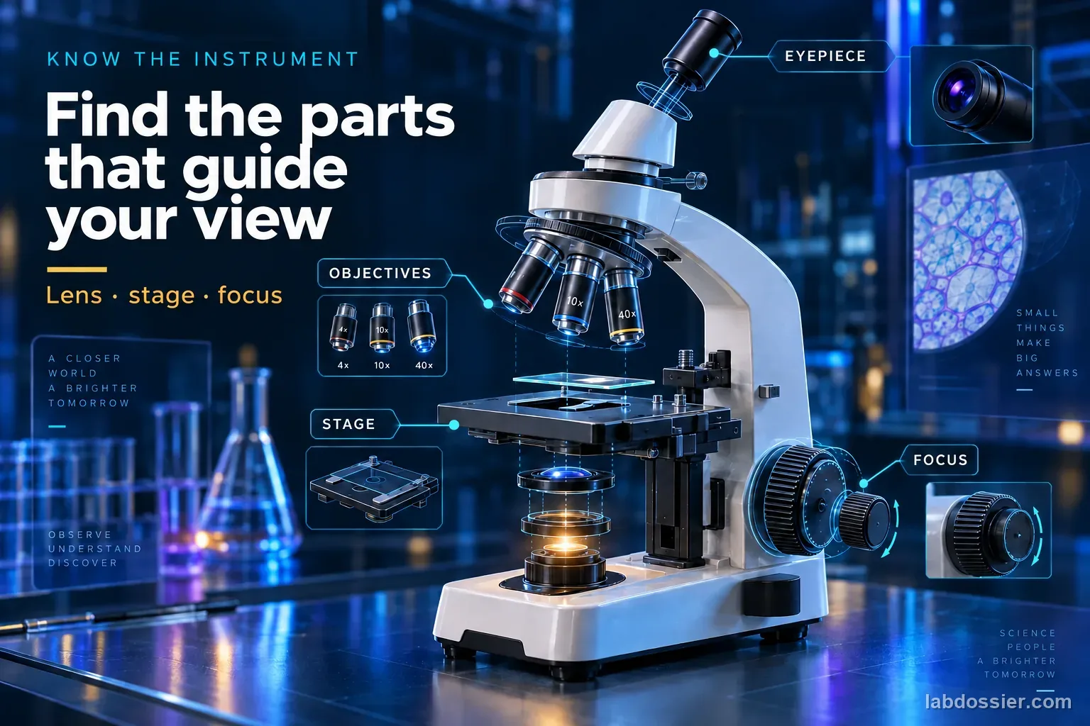 A compound microscope appears in a holographic exploded view with labeled eyepiece, objective lenses, stage and focus knobs.