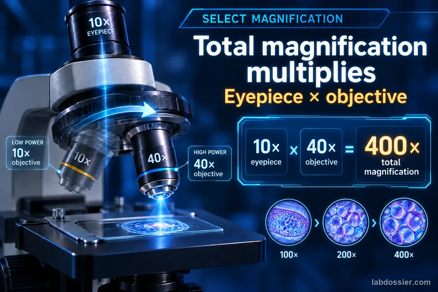 A microscope nosepiece turns between objectives beside a holographic calculation showing 10 times eyepiece and 40 times objective equals 400 times magnification.