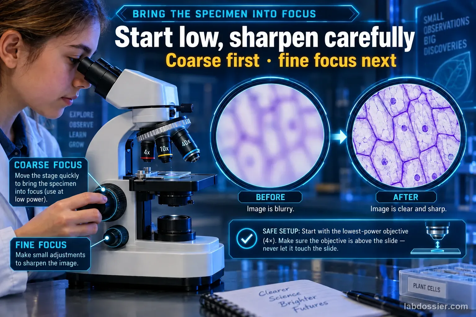 A student focuses a microscope from a blurred cell image to a sharp view while coarse and fine focus controls are highlighted.