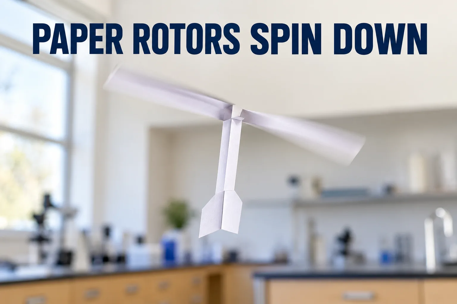 A handmade paper rotor turns downward in a bright classroom laboratory; headline reads PAPER ROTORS SPIN DOWN.