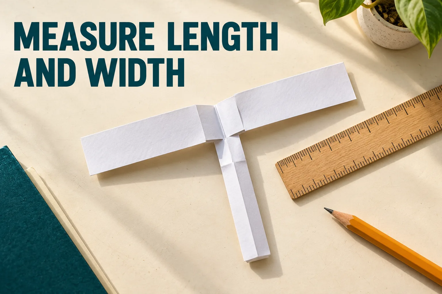 Overhead view of a paper rotor template beside a ruler and pencil; headline reads MEASURE LENGTH AND WIDTH.