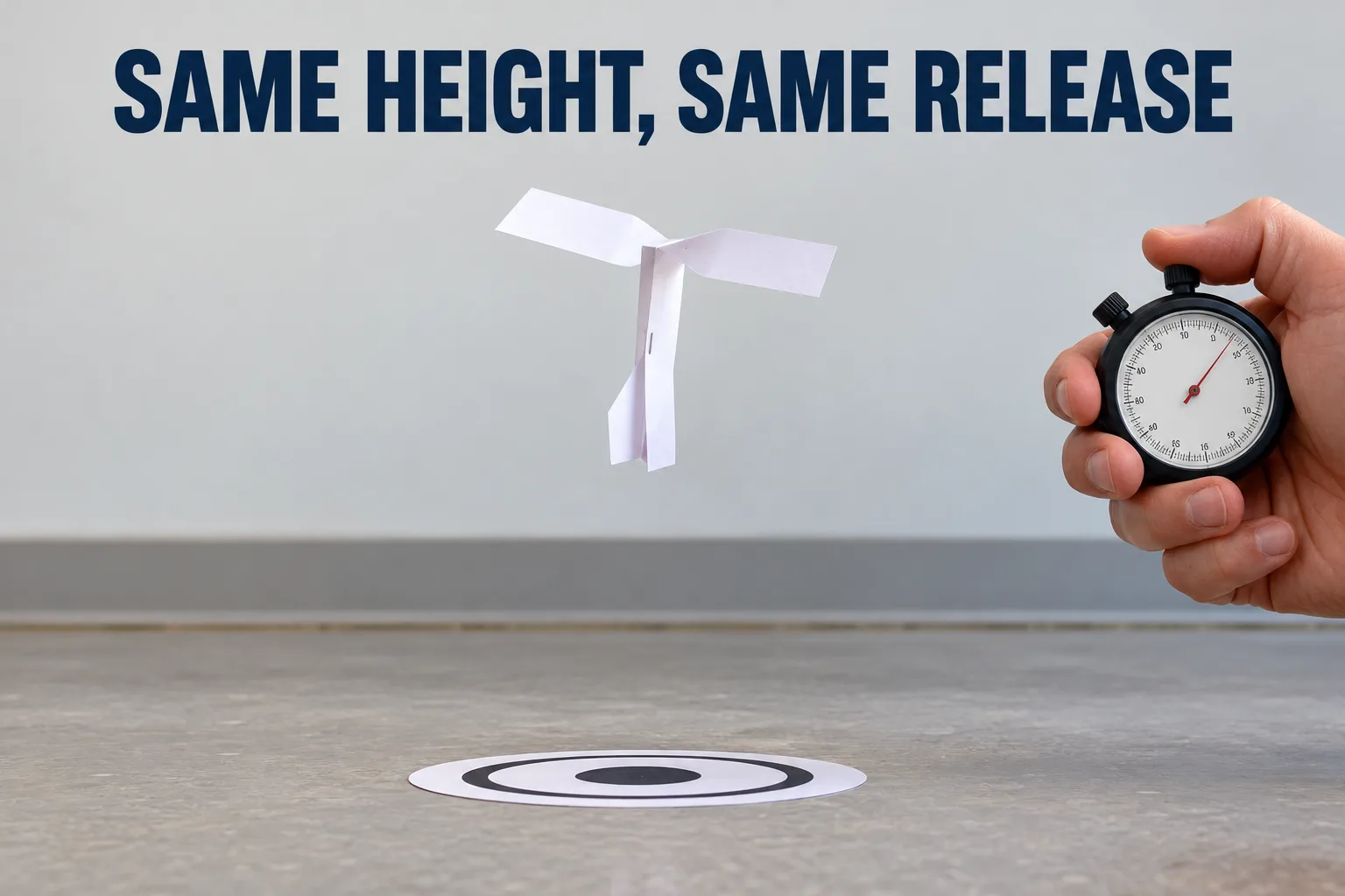 A paper rotor drops toward a floor target while an adult holds a stopwatch; headline reads SAME HEIGHT, SAME RELEASE.