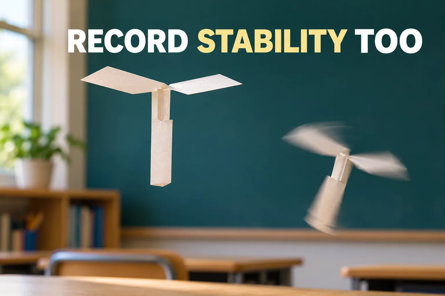 One paper rotor appears steady while a second shows gentle wobble and drift; headline reads RECORD STABILITY TOO.