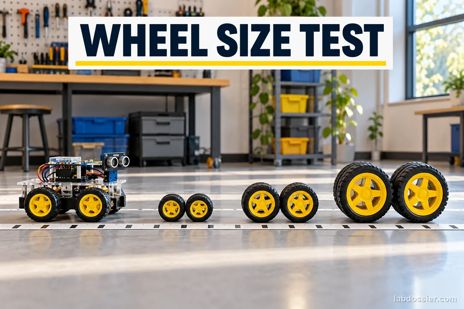 A classroom robot and several interchangeable wheel sizes on a marked test lane, with the embedded title WHEEL SIZE TEST.