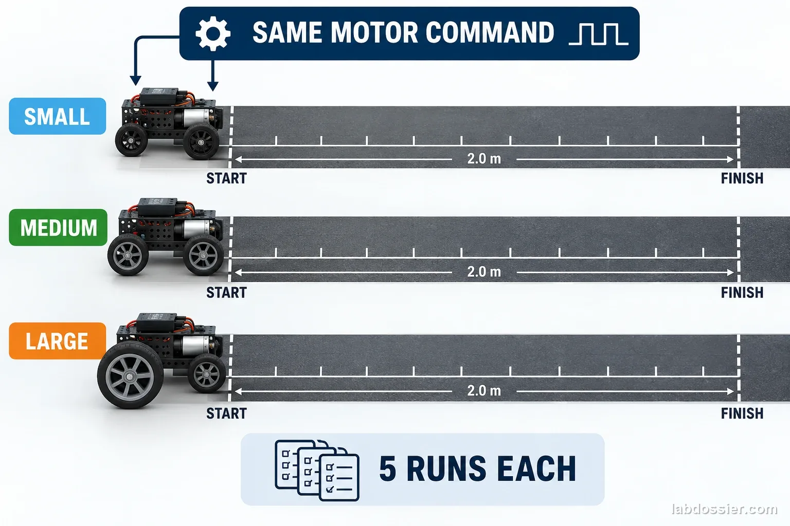 Three similar classroom robots labeled SMALL, MEDIUM and LARGE wheel sizes start at equal track marks under the same motor command, with five runs each.