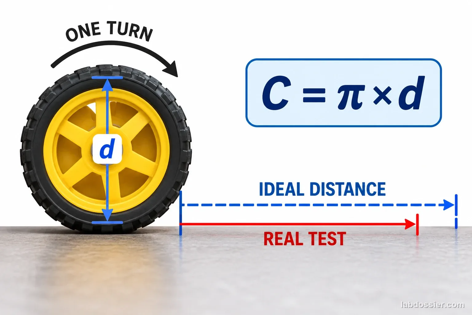 An accurate wheel geometry diagram marks diameter d and circumference formula C = π × d, distinguishing ideal distance per turn from a real test.