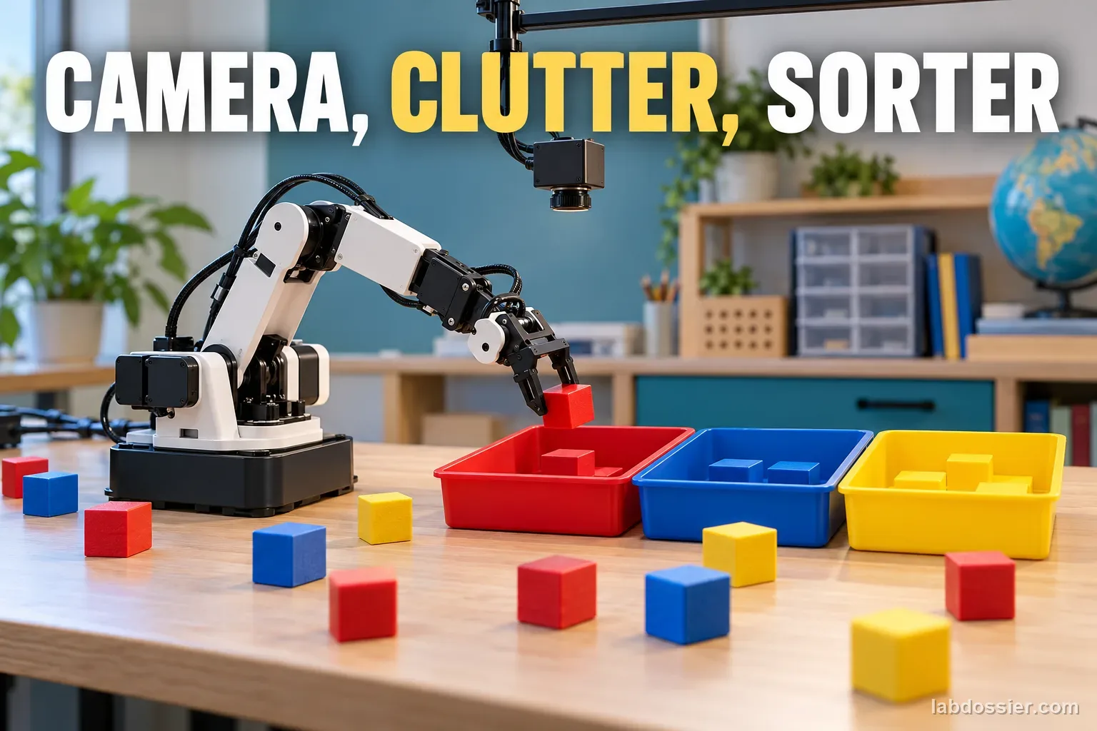 A camera-equipped robot arm sorts red, blue and yellow blocks into matching trays; headline reads CAMERA, CLUTTER, SORTER.
