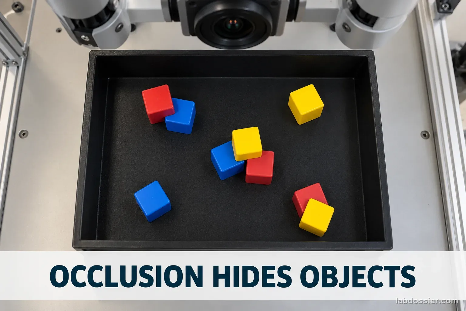 Overhead view of colored toy blocks partly covering one another beneath a robot camera; headline reads OCCLUSION HIDES OBJECTS.