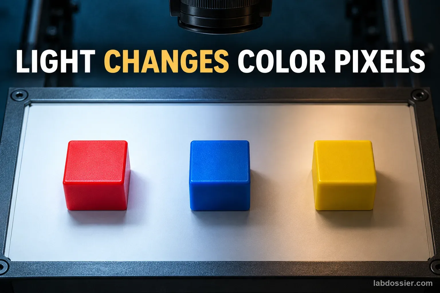 Red, blue and yellow blocks under a camera with differently colored light across the tray; headline reads LIGHT CHANGES COLOR PIXELS.
