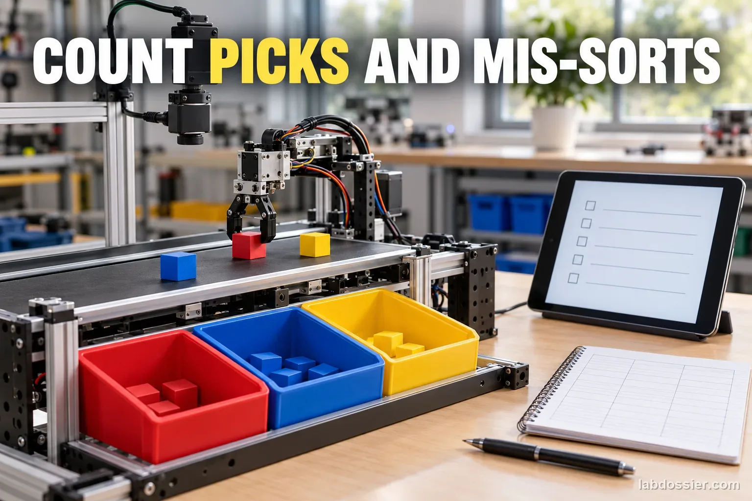 A robot gripper moves colored cubes toward bins while a tablet displays a blank outcome checklist; headline reads COUNT PICKS AND MIS-SORTS.