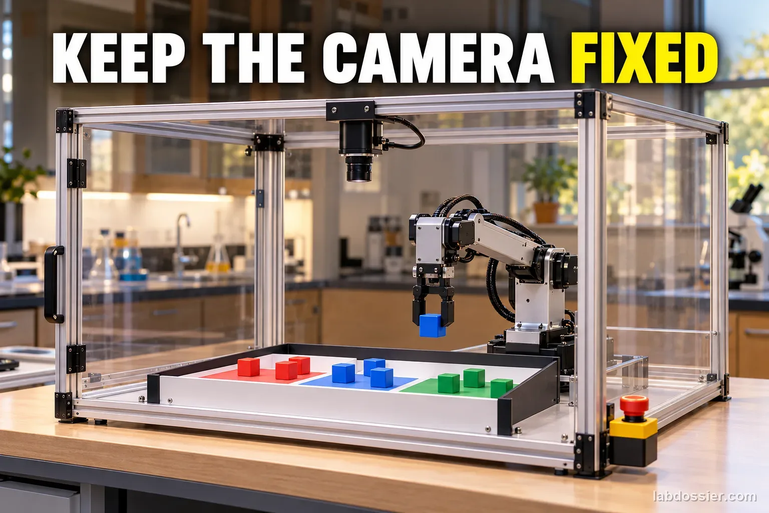 A camera is fixed over a guarded tabletop robot sorting lane; headline reads KEEP THE CAMERA FIXED.