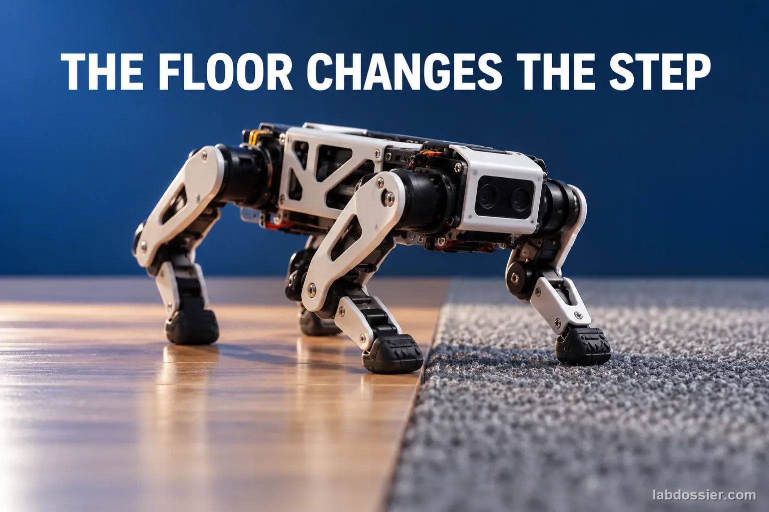 A small quadruped robot steps where smooth board meets low-pile carpet; headline reads THE FLOOR CHANGES THE STEP.