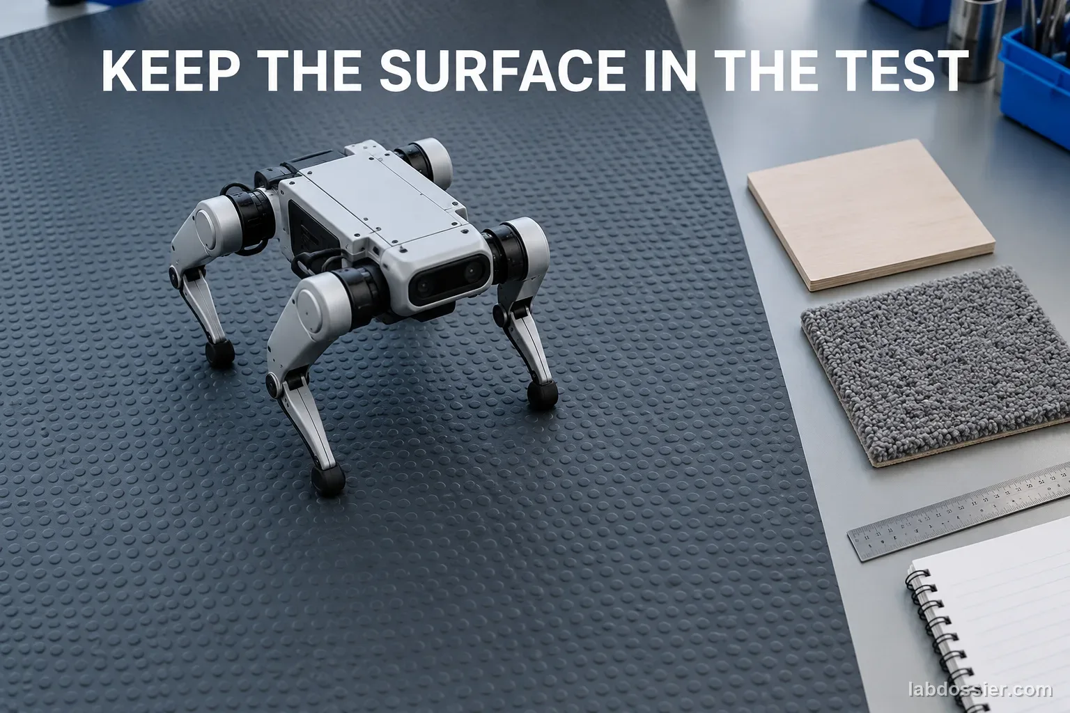 Overhead tabletop layout with one quadruped robot, a rubber surface, board and carpet swatches, and a notebook; headline reads KEEP THE SURFACE IN THE TEST.