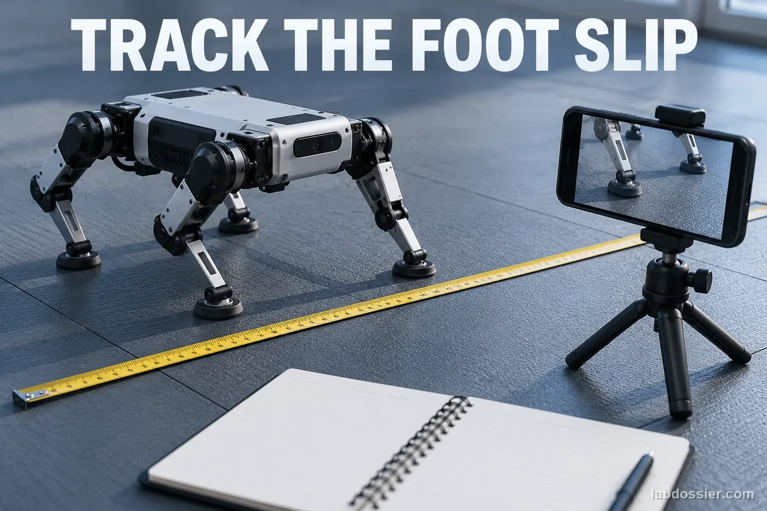A side-view phone camera records a quadruped robot's feet on a floor lane; headline reads TRACK THE FOOT SLIP.