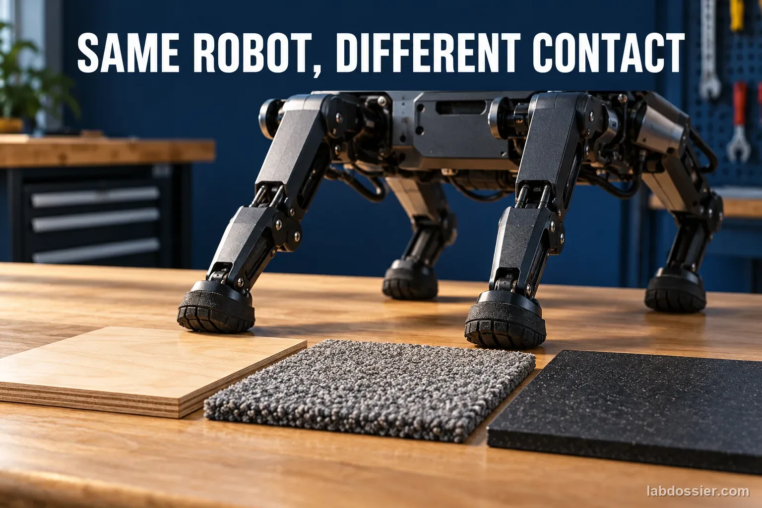 Close-up of a quadruped robot's soft feet above separate board, carpet and rubber samples; headline reads SAME ROBOT, DIFFERENT CONTACT.