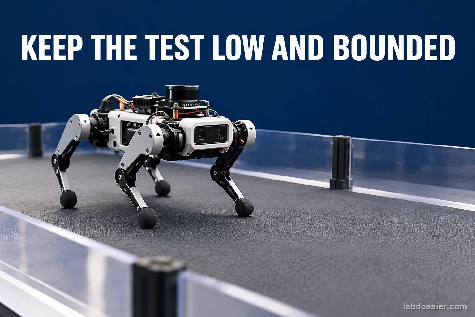 A small four-legged classroom robot walks inside a flat low-speed test lane with clear edges; headline reads KEEP THE TEST LOW AND BOUNDED.