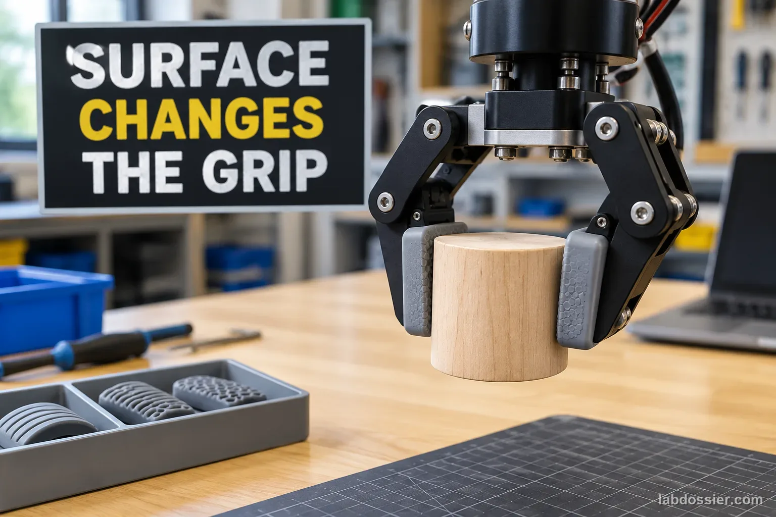 A two-finger gripper with textured silicone-like pads holds a wooden cylinder beside a tray of replaceable contact pads; headline reads SURFACE CHANGES THE GRIP.