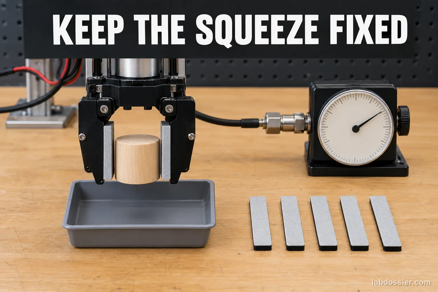 A bench-mounted two-finger gripper holds a light cylinder above a catch tray next to a force gauge and spare pads; headline reads KEEP THE SQUEEZE FIXED.