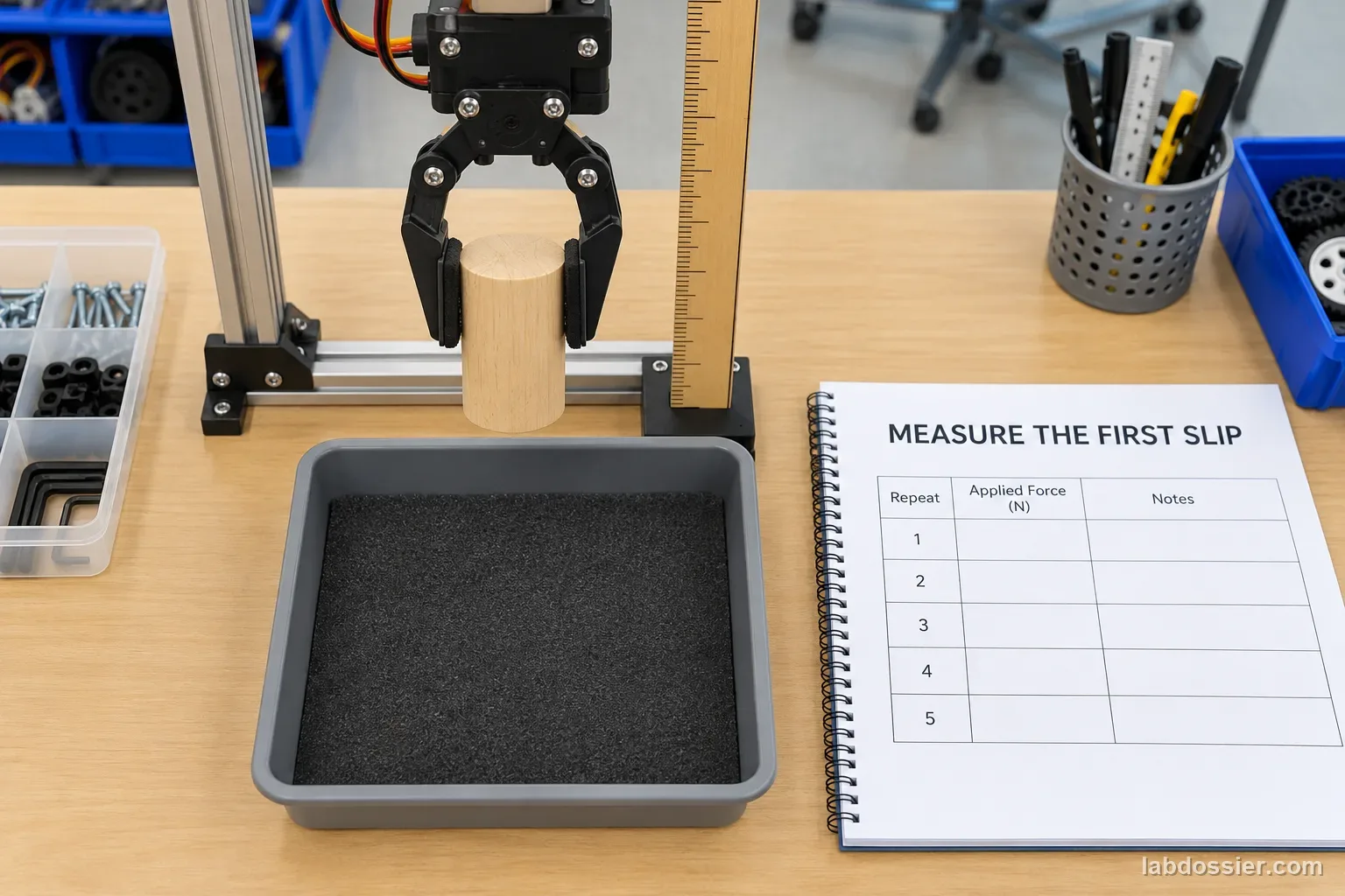 Overhead view of a gripper, ruler, catch tray and blank five-repeat data sheet; headline reads MEASURE THE FIRST SLIP.