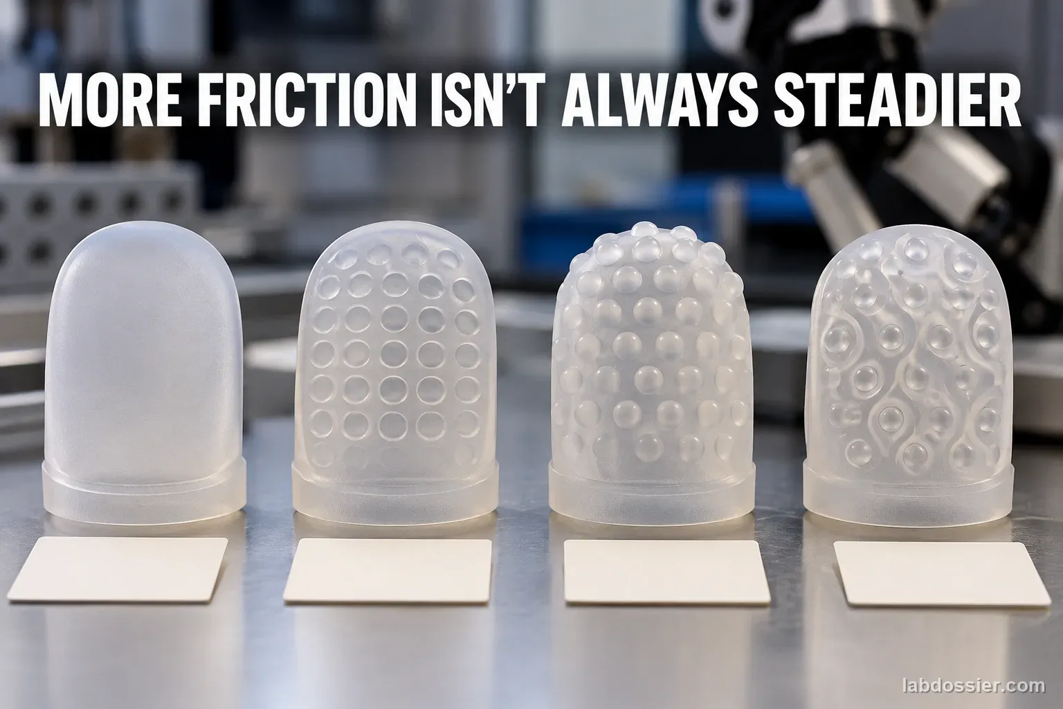 Four silicone fingertip pad samples show flat, cavity, rounded protrusion and hybrid textures beneath the headline MORE FRICTION ISN’T ALWAYS STEADIER.