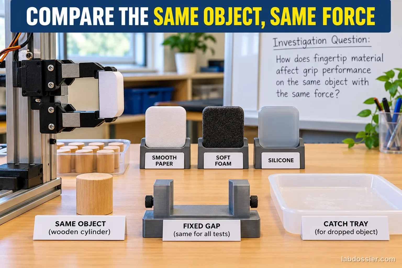 A classroom test fixture, same wooden cylinder, three pads, fixed-gap gauge and catch tray under the headline COMPARE THE SAME OBJECT, SAME FORCE.