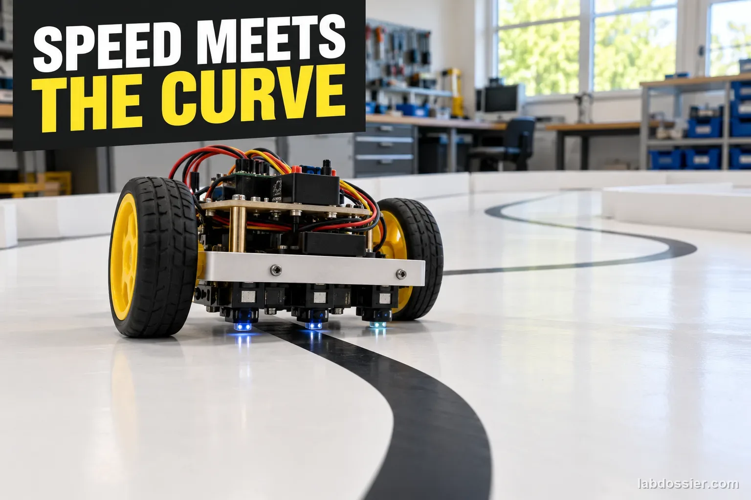 A small line-following robot with reflectance sensors approaches a curving black tape line; headline reads SPEED MEETS THE CURVE.