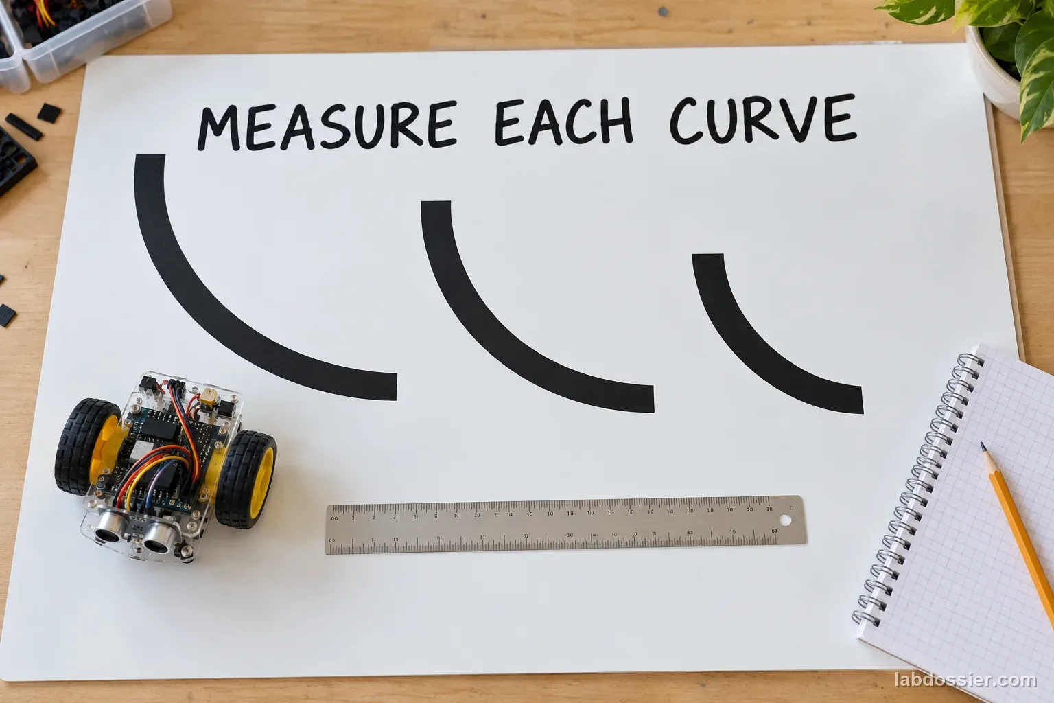 Overhead view of a small line follower beside three differently curved black tape paths, a ruler and blank notebook; headline reads MEASURE EACH CURVE.
