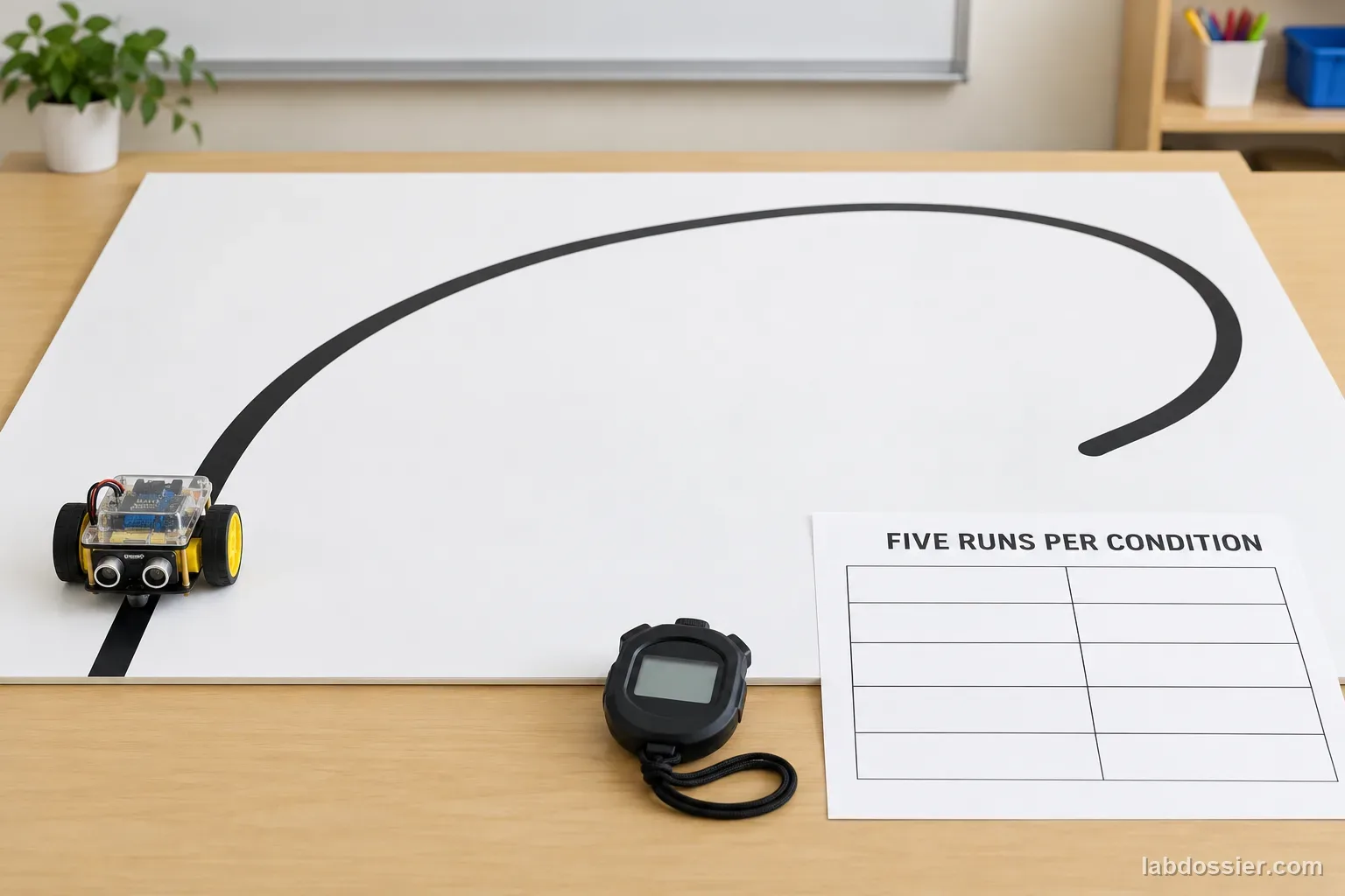 A line-following robot on one smooth curved tape path beside a stopwatch and blank five-run record sheet; headline reads FIVE RUNS PER CONDITION.