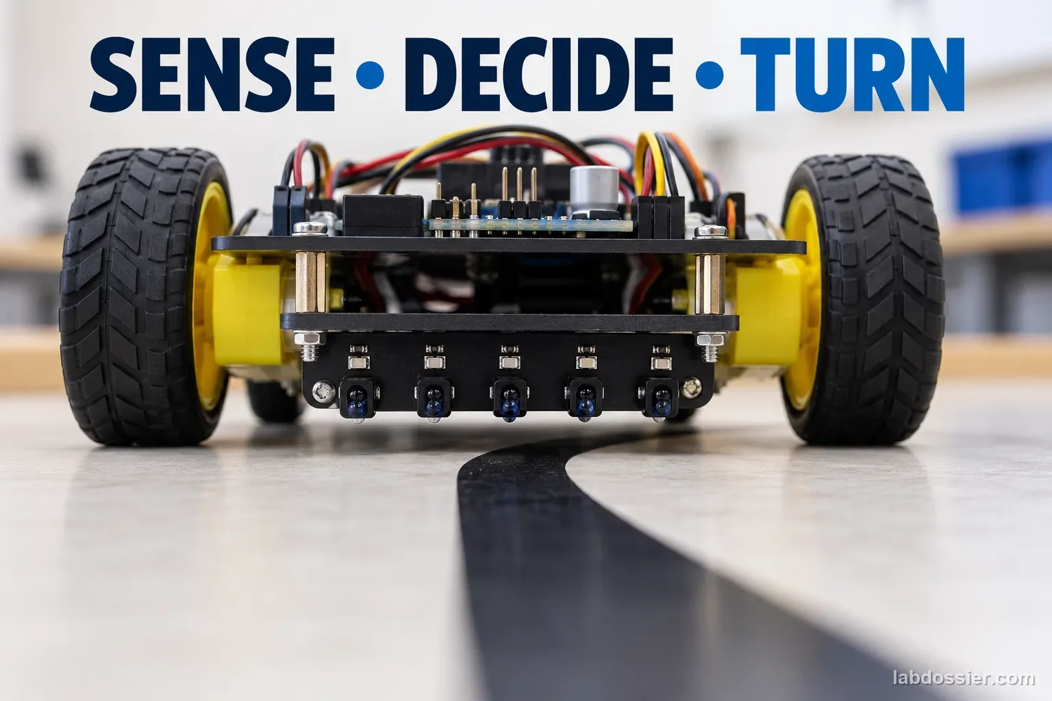 Close-up of a wheeled line-follower's reflectance sensor array over a curved dark line; headline reads SENSE, DECIDE, TURN.