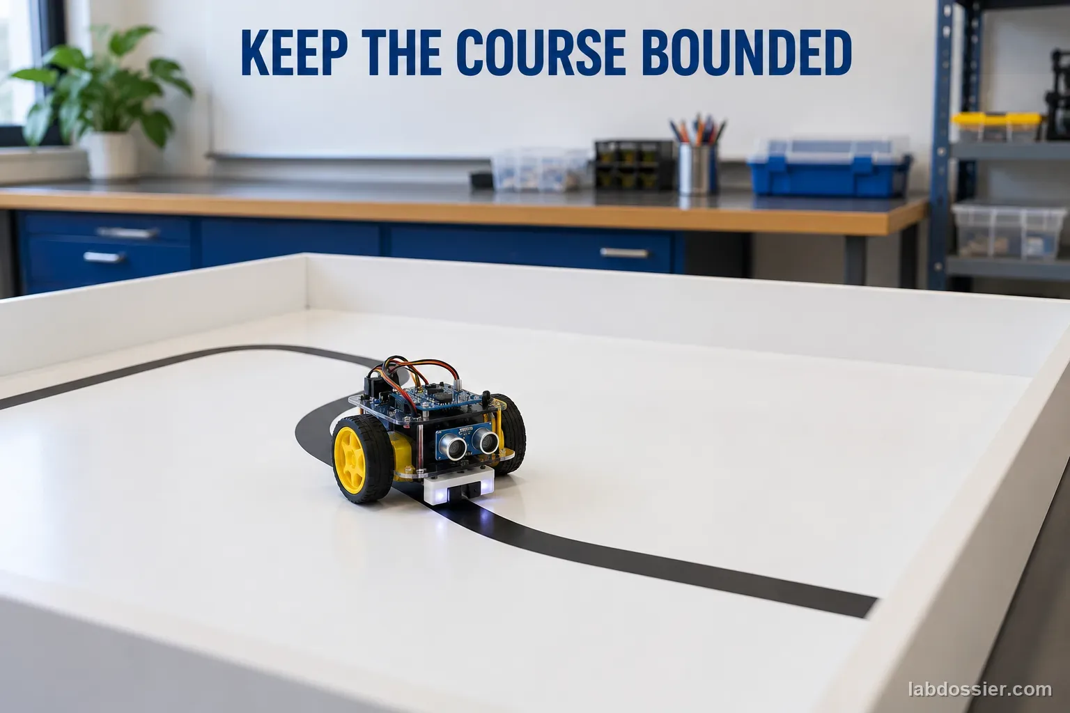 A small classroom line-following robot runs on a curved tape course inside a shallow white tabletop boundary; headline reads KEEP THE COURSE BOUNDED.