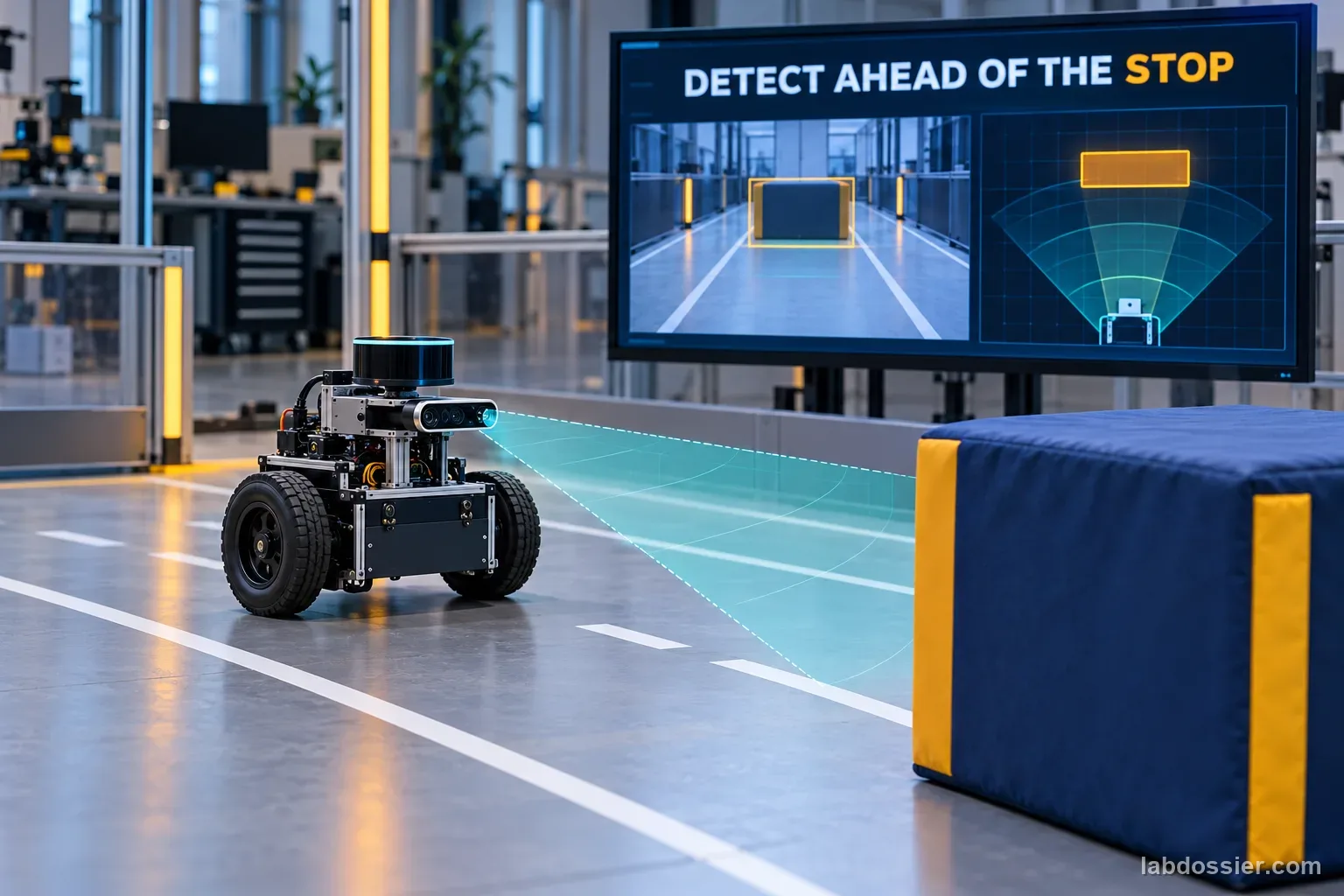 A differential-drive robot with lidar approaches a padded block in a lab; a monitor reads DETECT AHEAD OF THE STOP.