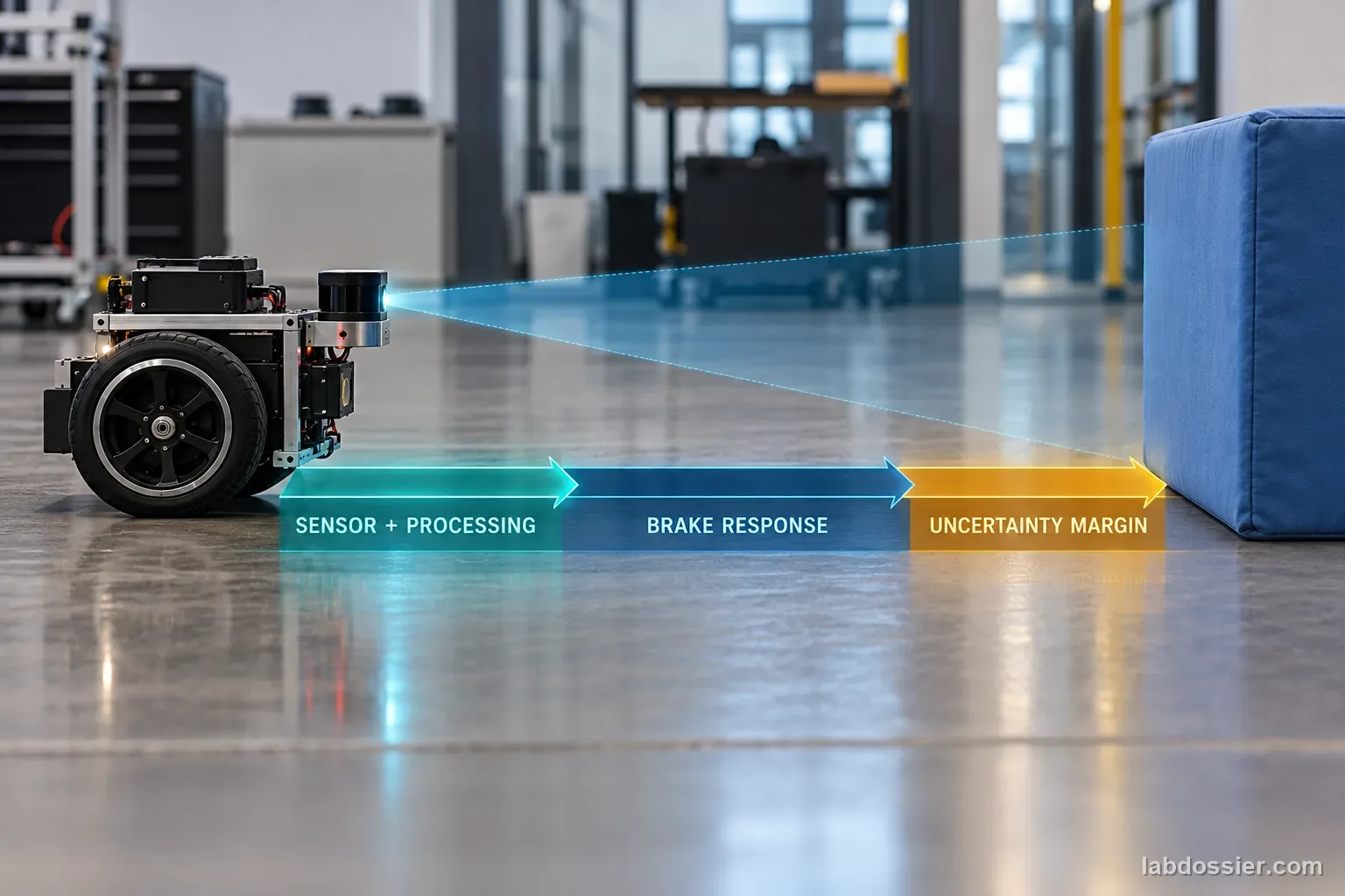 Side view of a small wheeled robot facing a padded obstacle, with floor segments labeled SENSOR + PROCESSING, BRAKE RESPONSE and UNCERTAINTY MARGIN.