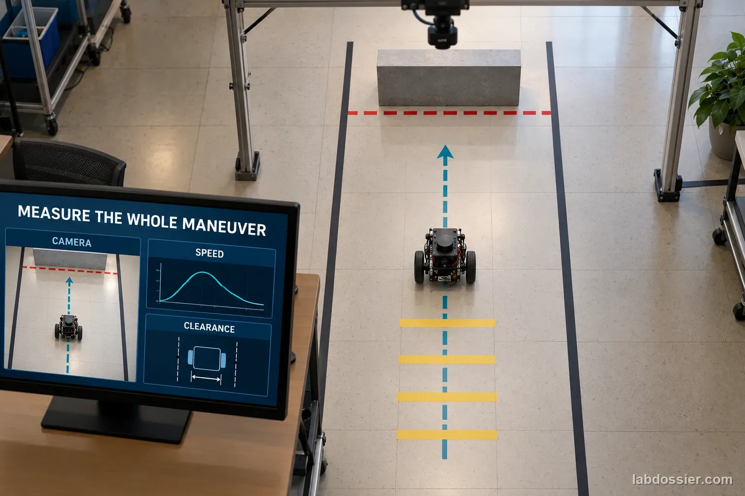 An overhead camera monitors a small differential-drive robot on a marked tile test lane; a screen reads MEASURE THE WHOLE MANEUVER.