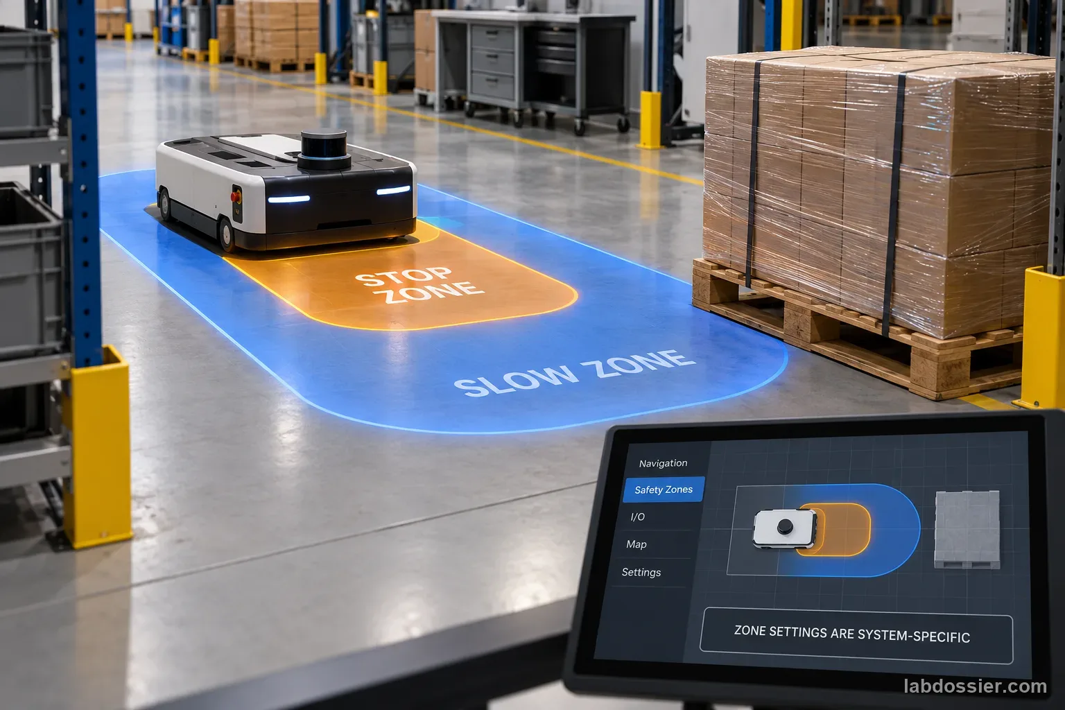An autonomous mobile robot approaches a pallet inside blue slow and amber stop zones; screen says ZONE SETTINGS ARE SYSTEM-SPECIFIC.