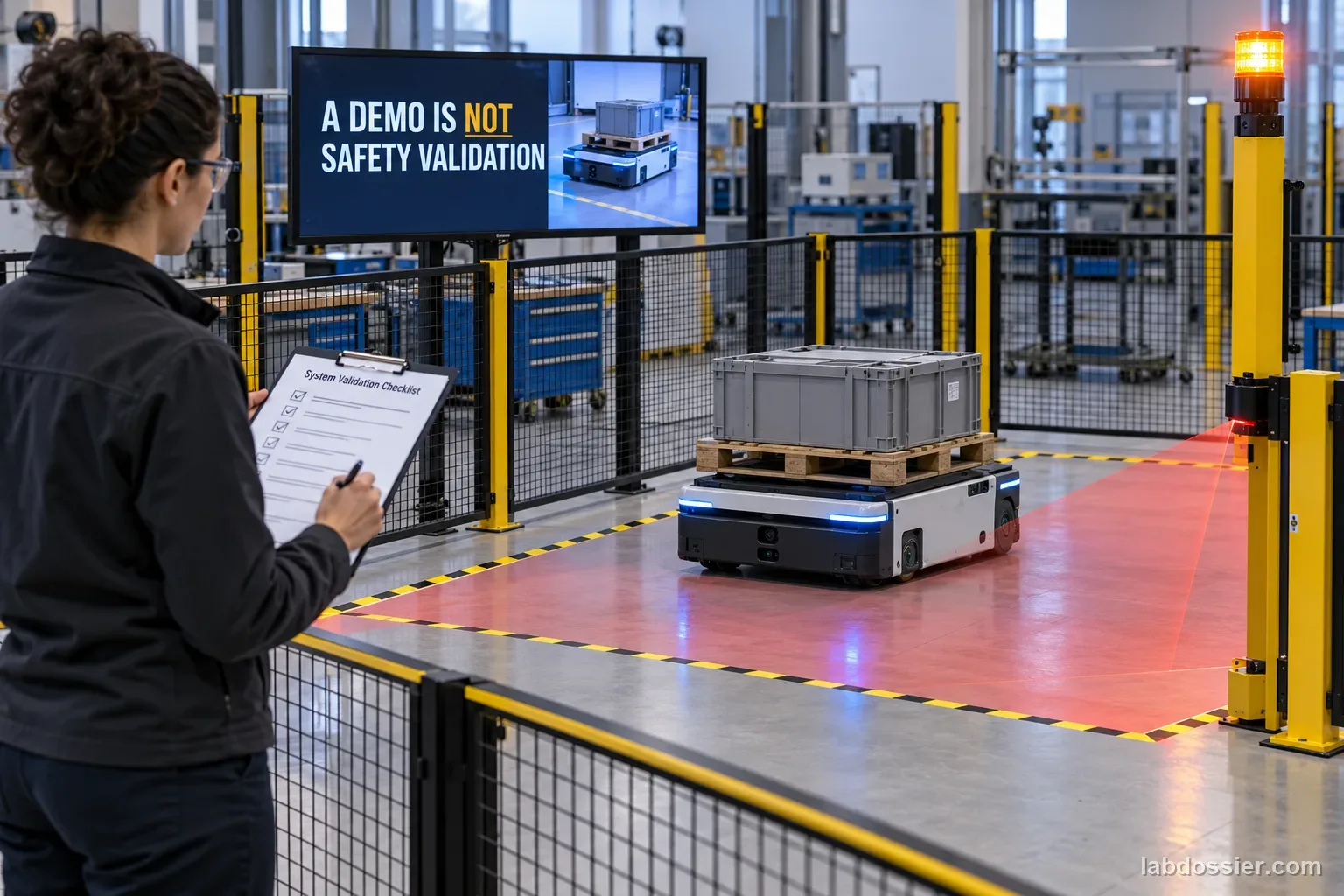 A guarded industrial AMR test bay with a safety scanner and validation checklist under the headline A DEMO IS NOT SAFETY VALIDATION.